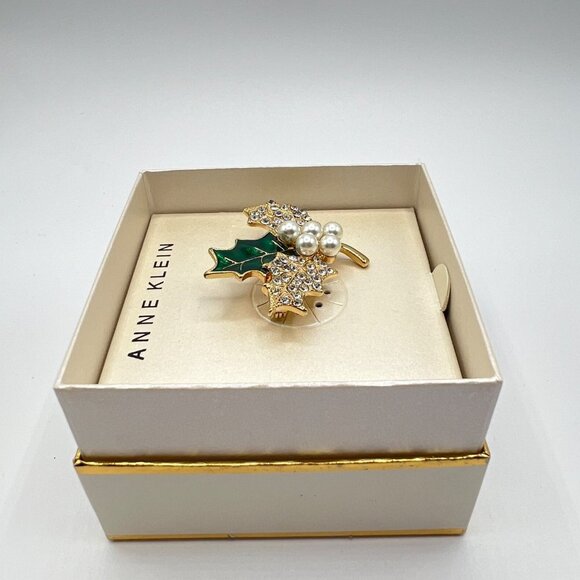 Anne Klein Pavé & Imitation Pearl Holly Branch Pin in Gold-Tone MSRP $28 NWT - Picture 3 of 5